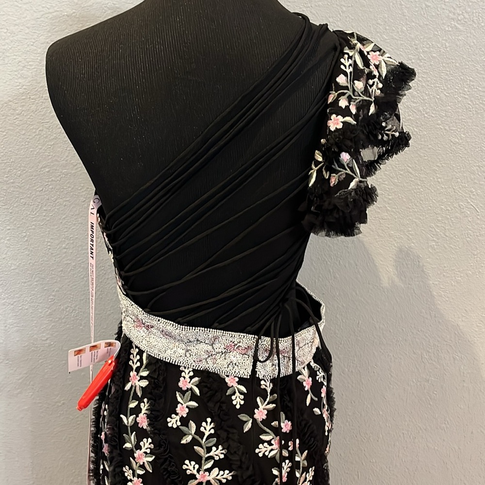 Mac Duggal Embroidered Ruffled One Shoulder Lace Up Gown Black Multi Size - Picture 14 of 17